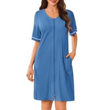 Imagem de Roupão de banho feminino Ekouaer com zíper, mangas curtas, azul escuro