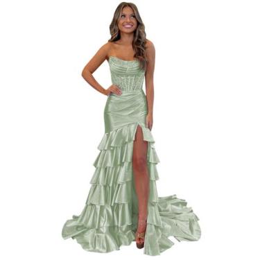 Imagem de Vestido de formatura Mollyevers Sage Green Satin Mermaid Ruffle 2025