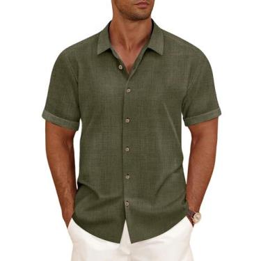 Imagem de Camisa de linho CURBODO para homens de manga curta com botões verde ol