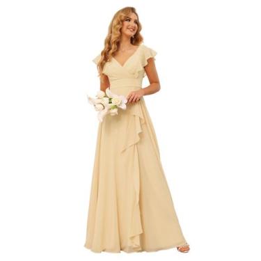 Imagem de Vestido de dama de honra TIRAS Ruffles Chiffon com decote em V champan