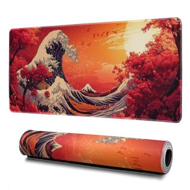 Imagem de Mouse pad vermelho japonês onda do mar abstrato vermelho 81,5 x 11,8 polegadas textura base de borracha antiderrapante grande mousepad bordas costuradas teclado mouse pad tapete de mesa para