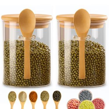 Imagem de Kit 2 Potes de Vidro Porta-mantimentos 450ml com Tampa de Bambu Hermética, Colher Acoplada e Bandeja, Frascos Recipiente Para Armazenar Café, Açúcar, Temperos, Organização de Cozinha Minimalista