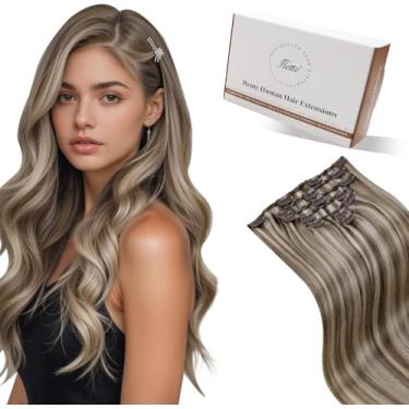 Imagem de Hetto Clip In Hair Extensions Humano Castanho Dourado Mix Descolorante Loiro Real 20" 7Pcs 120G