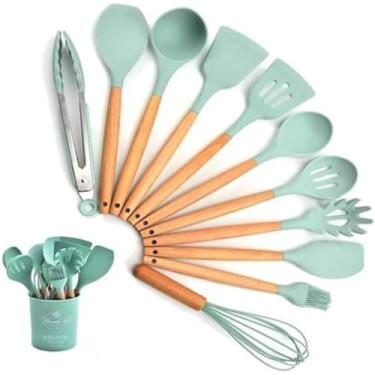 Imagem de Colher De Silicone Com Cabo De Bambu - Kit 12 PeçAs UtensíLios Naturais | NãO Risca Panelas | Presente Para Chá De Panela(Kit 12 Peças Utensílios-verde)