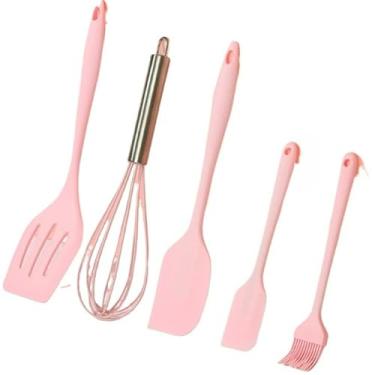 Imagem de Colher De Silicone Para Cozinha - Kit 5 PeçAs UtensíLios De Silicone Antiaderente | Inclui EspáTula, Garfo, EspáTula De Confeitaria E Pincel | NãO Risca Panelas | (Kit 5 peças Rosa)