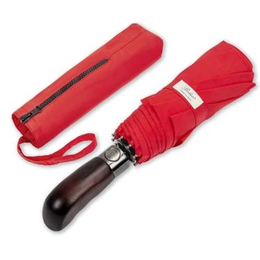 Imagem de Guarda-chuva de viagem Balios Prestige, alça de madeira real, abertura automática e fecho, ventilada à prova de vento com cobertura dupla, projetado no Reino Unido, Vibrant Red with Real Wood Handle