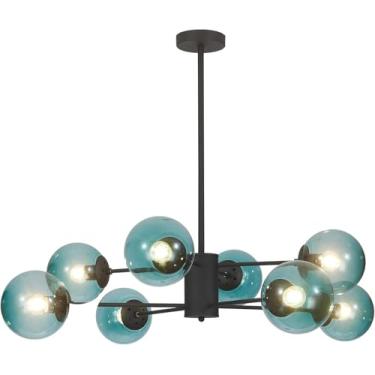 Imagem de BOKT Lustre Sputnik De Globo Moderno De Meados Do Século Com 8 Luzes, Preto Fosco, Azul, Bola De Vidro, Grande Globo, Luz De Teto Embutida, Ilha De Cozinha, Sala De Jantar, Luminária Pendente