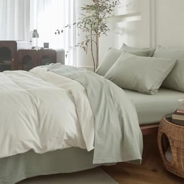 Imagem de BDEAR Jogo de cama Queen, verde sálvia, 4 peças, padrão Oeko-TEX, 100% algodão lavado, linho, lençol com elástico alto, lençol de cima aconchegante e 2 fronhas