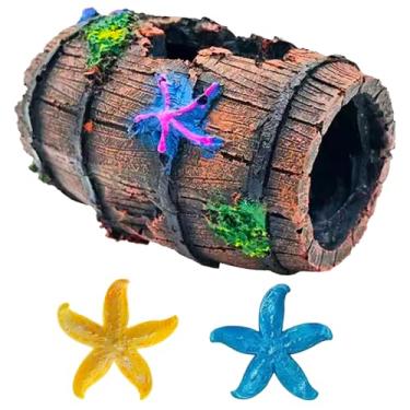 Imagem de GOFYLIN Esconderijo de barril de aquário com 2 decorações de estrelas do mar, conjunto de enfeites de aquário de peixes, tronco de resina com detalhes de musgo, marrom e multicolorido