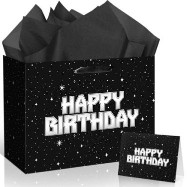 Imagem de Bolsa preta de presente de feliz aniversário, espaço sideral, decoração de festa, céu estrelado, lembrancinhas, presente com cartão, papel de tecido, tema galáxia, sacos de doces, papel de embrulho