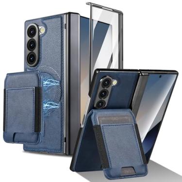 Imagem de Capa para Samsung Galaxy Z Fold 6 [compatível com MagSafe] Protetor de tela integrado e proteção de dobradiça, capa protetora de couro PU fosco vintage - azul