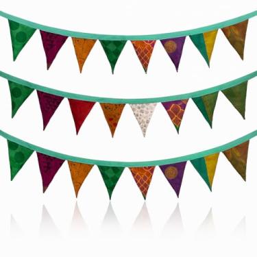 Imagem de Guirlanda Boho Bunting para decoração de casa, faixa feita à mão de tecido de sari indiano reciclado | Bandeiras triangulares boêmias ecológicas para casamento, festival, festa, varanda, pendurar na