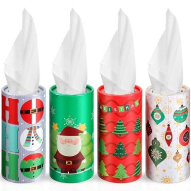Imagem de Yexiya 4 peças de suporte de lenços de papel de carro de Natal com tecido facial cilindro de natal caixas de lenços de carro tubo redondo toalha de rosto caixa de guardanapos de férias para viagem