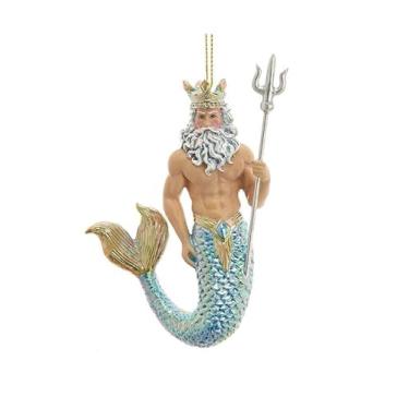 Imagem de The Bridge Collection Enfeite de Natal do Rei Netuno - Rei Tritão Costeiro com Cauda de Sereia Iridescente - Ornamento Náutico para Exposições de Árvores Costeiras