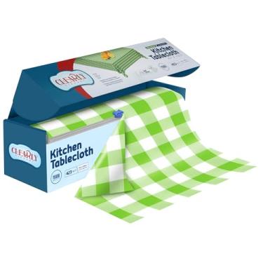 Imagem de Rolo de toalha de mesa de plástico transparente e verde com cortador, 132 x 2,999 cm, toalha de mesa descartável extra grande para piquenique, toalha de mesa de plástico descartável para festas