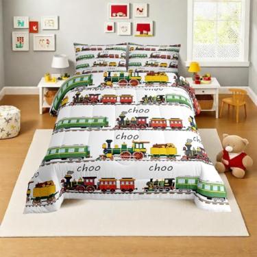 Imagem de Conjunto de edredom de trem vintage, conjunto de cama com motor a vapor colorido, desenho animado de transporte de trem para crianças, adolescentes, meninos e adolescentes, com enchimento de edredom