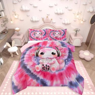 Imagem de Erosebridal Jogo de cama solteiro com estampa de axolotl fofo, estampa de axolote com desenho animado com leite e chá, para quarto de meninas, adolescentes, adolescentes, mulheres, edredom salamandra