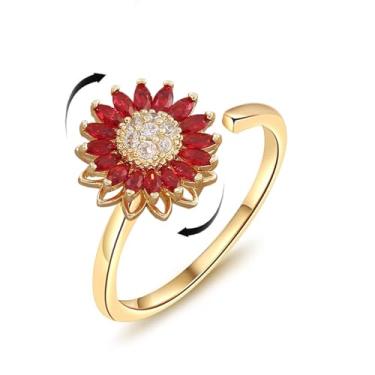 Imagem de bike8 Girassol Fidget Ring for Women Non Manchish Spinner Sunflowe Humor Anéis para Ansiedade Aberto Ajustável Alívio de Estresse Joias Presente, Cobre, Sem pedra preciosa