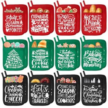 Imagem de 24 peças de suportes de panela de Natal com bolso de bolso de Natal para cozinha, conjunto de pegador de panela de algodão resistente ao calor, luvas de forno, saco de biscoito para cozinha, assar e