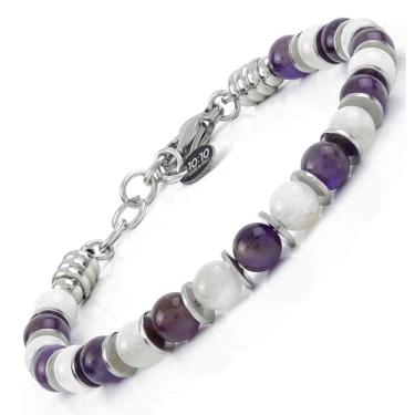 Imagem de 10:10 Pulseira com contas para homens e mulheres – Pedra preciosa natural e aço inoxidável – ajustável, durável e elegante – feita na Itália, Adjustable, Aço inoxidável Pedra, Ametista - pedra da lua