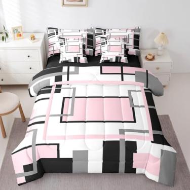 Imagem de Erosebridal Conjunto de edredom solteiro rosa e preto, cama geométrica quadrada moderna em uma bolsa para adultos, colcha abstrata minimalista de meados do século, arte estética contemporânea, listras