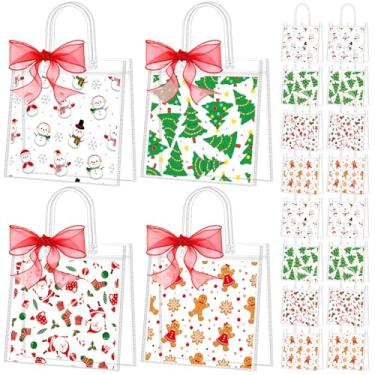 Imagem de Kolldenn 48 peças de sacos de presente de PVC transparente de Natal com fita de alça reutilizável, boneco de neve, Papai Noel, biscoitos de gengibre, sacolas a granel para suprimentos de festa de
