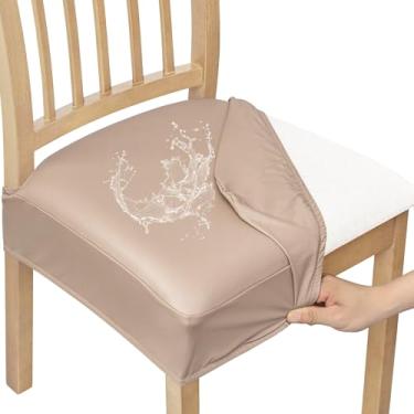 Imagem de Smiry Conjunto de 6 capas de assento impermeáveis para cadeiras, couro sintético elástico, removível, lavável, para sala de jantar, sem capas traseiras, cáqui