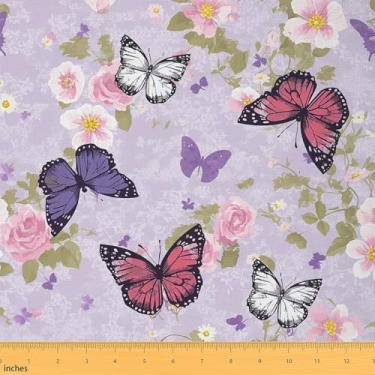 Imagem de Tecido borboleta infantil para meninas por jarda, tecido de estofamento floral estilo rústico, pano decorativo de borboletas chiques gastas para estofamento, artesanato rosa roxo e suprimentos de