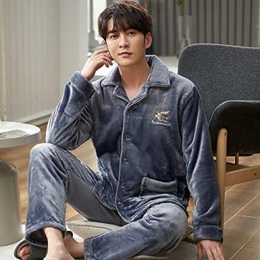 Imagem de ifgswopq Pijamas para homens conjuntos de pijama de flanela masculino inverno masculino conjunto de lounge quente grosso moda bordado listrado pijama masculino casual loungewear 3GG (Cor: Y Tamanho