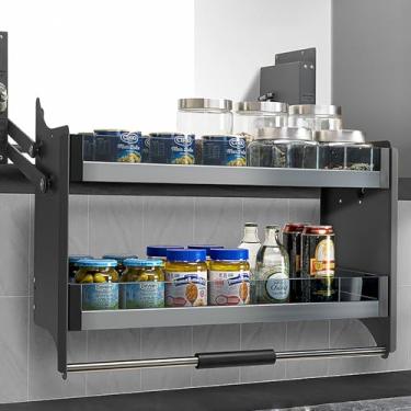 Imagem de Armário de cozinha suspenso prateleira suspensa de 2 níveis, prateleira inferior deslizante dobrável para armazenamento de organizador de especiarias, prateleira superior de armário elevador