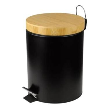 Imagem de Lixeira 5l de inox kala com tampa de bambu cozinha pedal, Preto