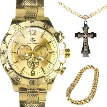 Imagem de relogio masculino banhado aço + corrente grumet + pulseira casual qual