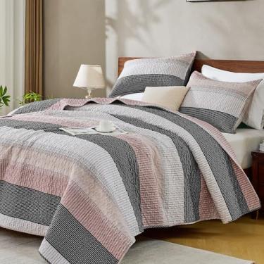 Imagem de Andency Conjunto de colcha king size, cinza, rosa, 3 peças, conjunto de colchas e cobertores, conjunto de cama acolchoado listrado de patchwork para todas as estações (1 colcha, 2 fronhas)