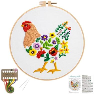Imagem de Louise Maelys Kits de bordado de animais engraçados para iniciantes, kit de ponto cruz para adultos, bordado faça você mesmo com galinhas e estampa de flores