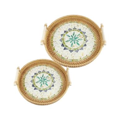 Imagem de Joyeee Bandejas de vime para decoração, pacote com 2 cestas de vime redondas pequenas com alças para armazenamento, lanches, frutas, vegetais, conjunto natural para festa em casa, jantar diário