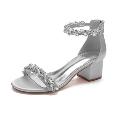 Imagem de Sapatos femininos de cetim de cristal de casamento para noiva, salto baixo, confortável, salto branco, grosso, formal, festa noturna, formatura, sandálias escarpim, Prata, 40