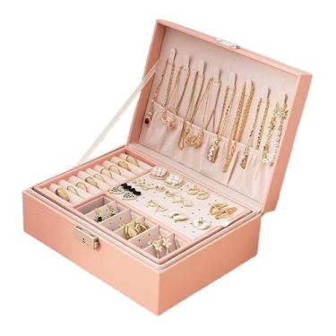 Imagem de Porta Joia Grande Dupla Camada Multifuncional Couro com Chave (ROSA)