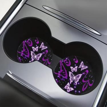 Imagem de 2 peças de porta-copos de carro borboleta roxa, absorvente antiderrapante resistente ao calor acessórios interiores de carro para compartimentos de copo de veículos