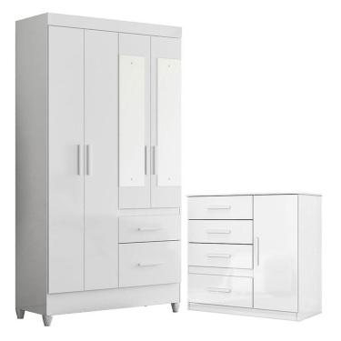 Imagem de Guarda Roupa Solteiro Madri Com Espelho E Cômoda Vênus Branco Flex - Moval
