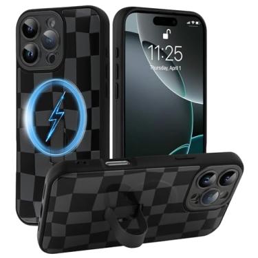 Imagem de SOKAD Capa quadriculada magnética para iPhone 16 Pro com suporte de alça de dedo, compatível com Magsafe, lindo tabuleiro de xadrez projetado para mulheres e homens, capa de proteção completa para