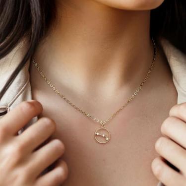 Imagem de Colares do zodíaco para mulheres, pingente de moeda banhado a ouro com joias de zircão, pingentes delicados de astrologia, horóscopo, pingente de aço inoxidável, presente personalizado de aniversário