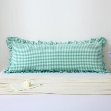 Imagem de K MASANIJI Capa de travesseiro de corpo com babados xadrez azul e branco, 100% algodão lavado, xadrez, vintage, casa de fazenda, decorativa, fronha, zíper, 51 x 137 cm