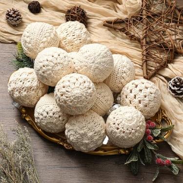 Imagem de Syhood Conjunto de 6 peças de enfeites de bola de Natal de crochê feitos à mão, 8 cm, bolas de plástico tricotadas à prova de estilhaçamento, enfeites de pendurar para árvore de Natal, decorações de