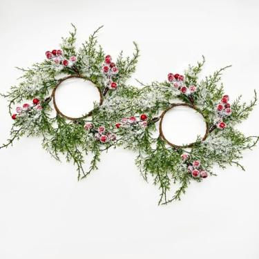 Imagem de Pequenos anéis de vela de guirlanda de Natal, guirlandas artificiais de cedro cipreste com pinhas e frutas vermelhas, castiçais para decoração de mesa de centro de mesa de férias (anéis 04)