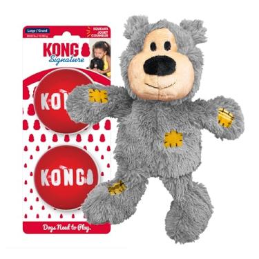 Imagem de KONG Wild Knots Bear & Signature Balls Pacote com 2 Brinquedo de mastigar para c es para mastigar agressivos Bola de cachorro para ajudar o t dio Brinquedo de pel cia e bolas de barulho para se aconchegar e buscar/recuperar C es m dios