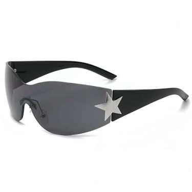 Imagem de Óculos de sol sem aro Y2K Star Wrap Around Óculos 2000S acessórios para mulheres e homens, moderno, moderno, óculos escuros legais, Preto