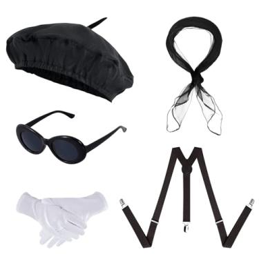 Imagem de choyaxo Conjunto de 5 peças de chapéu de boina francesa, acessórios de fantasia mímica para mulheres, festa temática francesa de Halloween