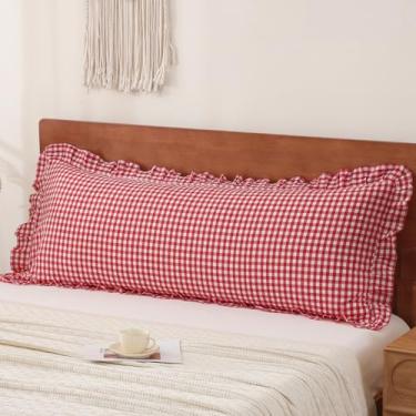 Imagem de YHJWW Capa de travesseiro com babados vermelho guingão 100% algodão lavado como linho macio e confortável 1 pacote capa de almofada decorativa xadrez xadrez fofa (50 x 137 cm, fecho de envelope)