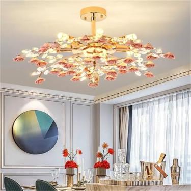 Imagem de Lustre de cristal criativo com pingente, luminária de LED em formato de flor de cerâmica para decoração de sala de estar e jantar (vermelho, 70 cm de diâmetro (1 peça))