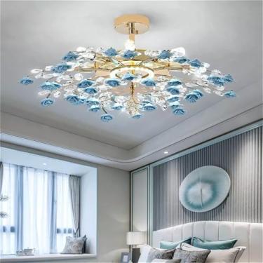 Imagem de Lustre de cristal criativo com pingente, luminária de LED em formato de flor de cerâmica para decoração de sala de estar e jantar (azul, 60 cm de diâmetro (1 unidade))